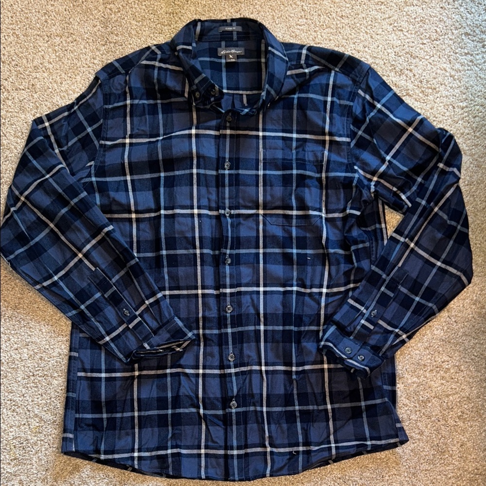 Eddie Bauer Navy and White Plaid Button Down Shirt